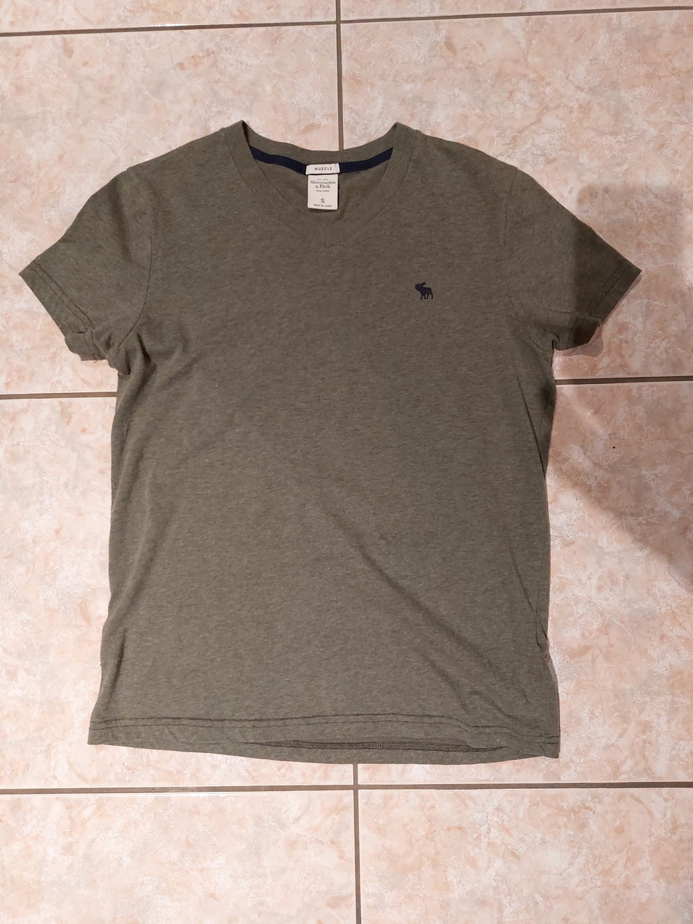 Abercrombie & Fitch Men's Olive Green V-neck Tee with Navy Logo